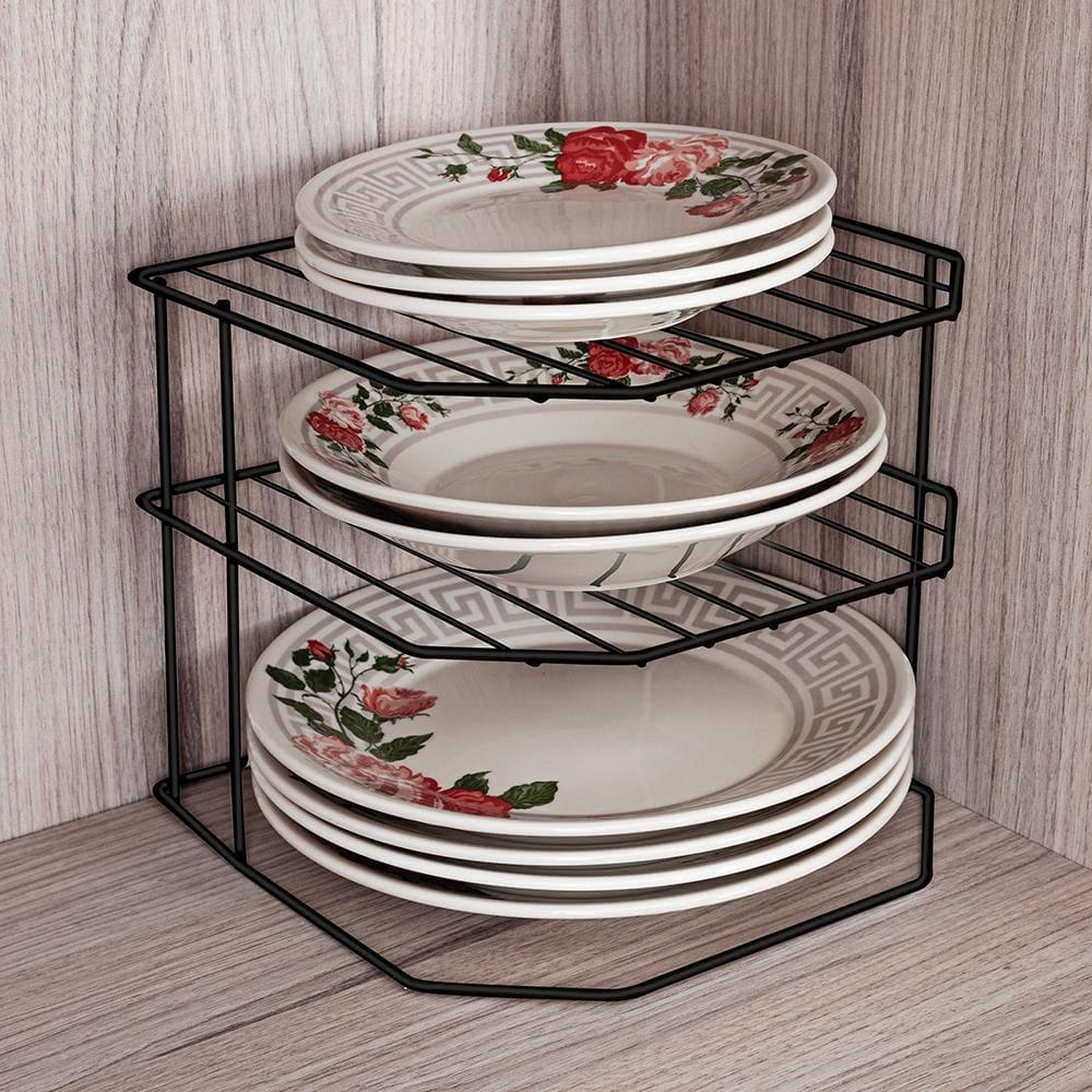 Suporte Triplo para Pratos Utimil PR579 Preto 23x25x25cm Aço Epóxi Brilhante 3 Níveis Organização - 1