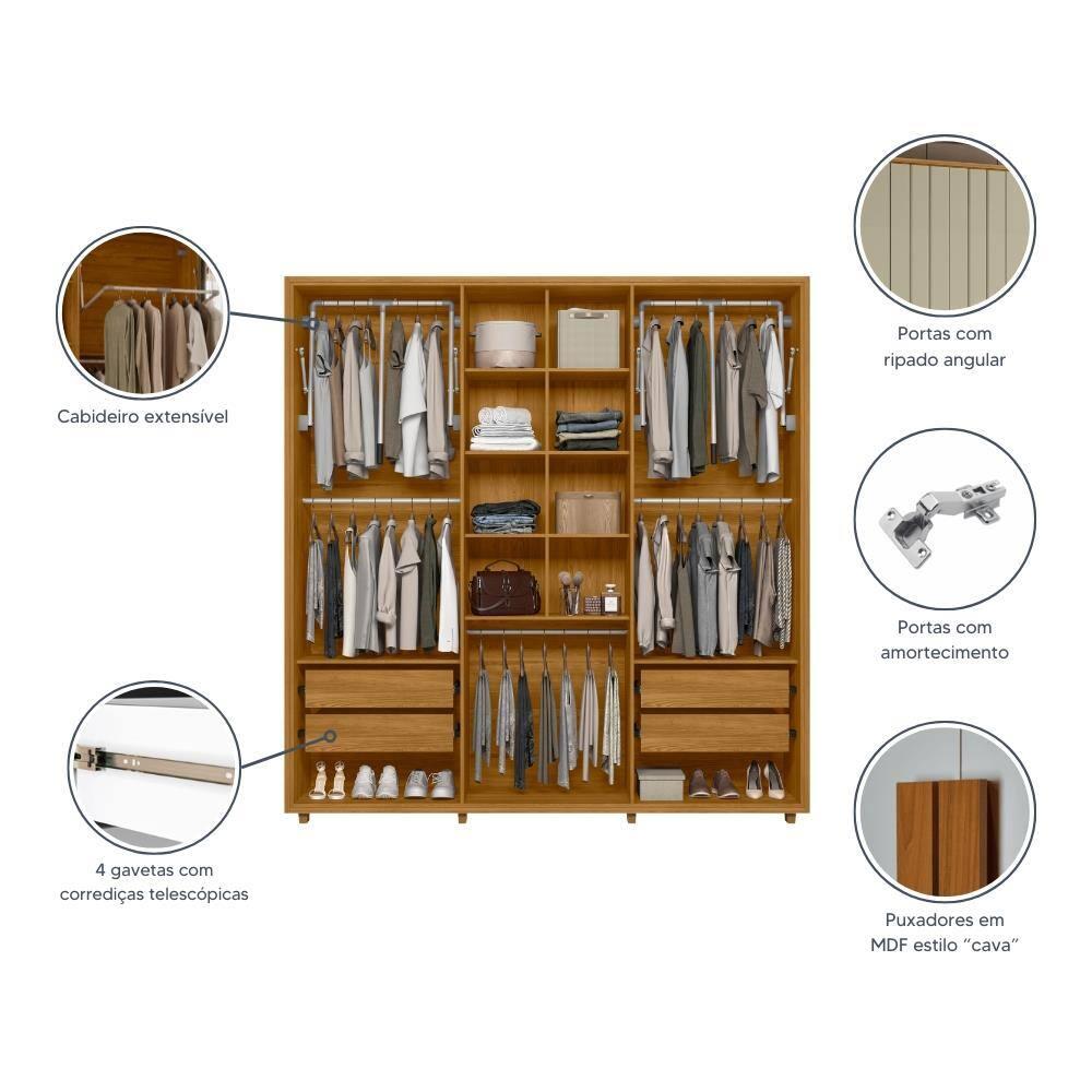 Guarda-Roupa Casal Madetec Portinari 6 Portas 4 Gavetas Ripado Angular Amortecimento Cabideiro Extensível - 4