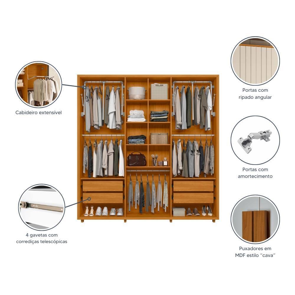 Guarda-Roupa Casal Madetec Portinari com Espelhos 6 Portas 4 Gavetas Ripado Angular Amortecimento Cabideiro Extensível - 4