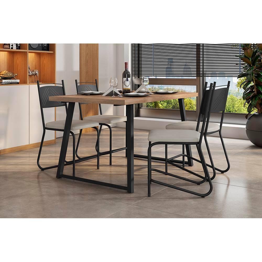 Conjunto de Mesa Jantar 4 Cadeiras Fabone Atlanta Aço Carbono Estofadas Corano Retangular 136x80 - 1