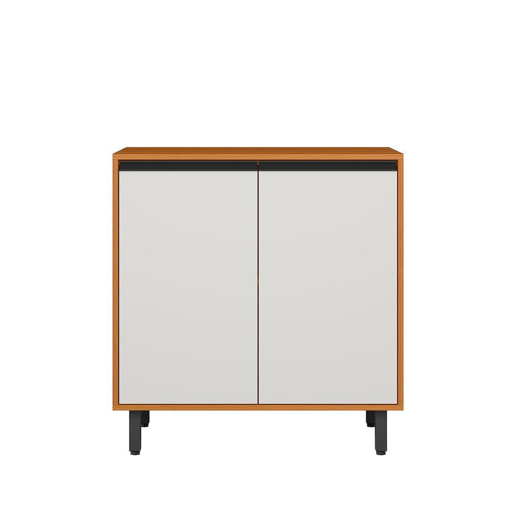 Balcão Poliman Ravena 80cm 2 Portas Tampo 15mm Puxadores Pretos Prateleira Removível Freijó Off White Acetinado - 1