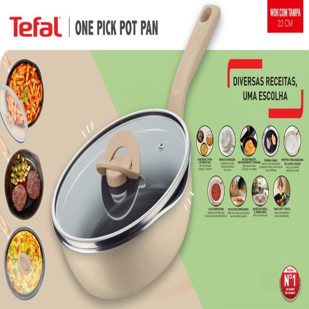 Panela Wok Tefal One Pick Pot 22cm Alumínio Antiaderente Indução Tampa Vidro Vanila - 5