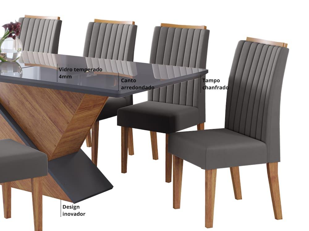 Conjunto Mesa de Jantar Viero Atlantis 200x90cm 8 Cadeiras Estofadas Tampo de Vidro Revestimento em Veludo - 5