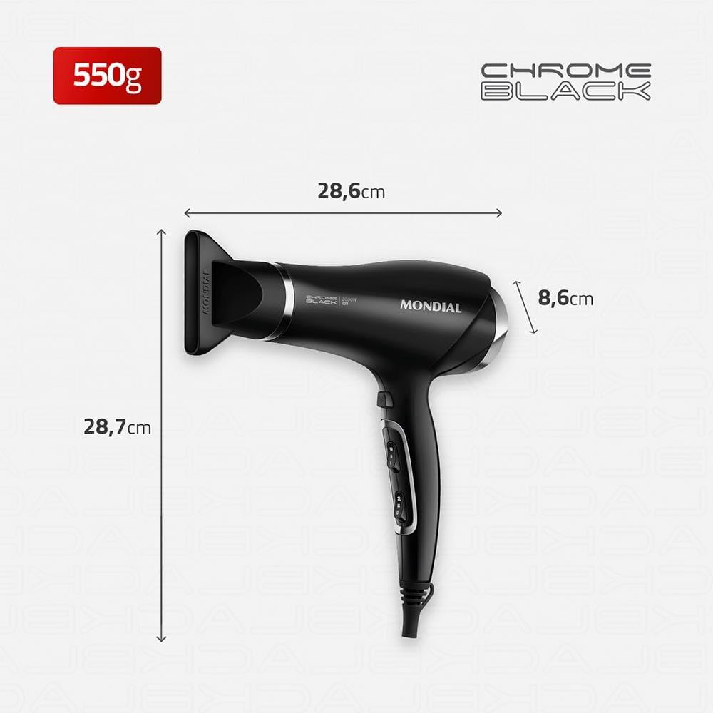 Secador de Cabelos Mondial SCN-04 Chrome Black 2000W Tourmaline Íon 3 Temperaturas Preto - 8