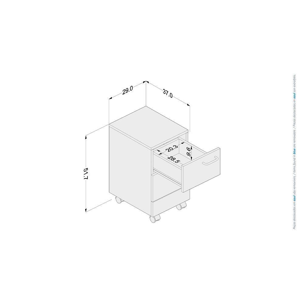Gaveteiro Politorno Osaka 2 Gavetas com Rodízios 51cm Compacto Vertical MDP - 5