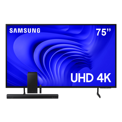 Conjunto Smart TV 75” 4K UHD Samsung 75DU7700 Crystal Gaming Hub AI Energy + Soundbar HW-B550 410W Dolby