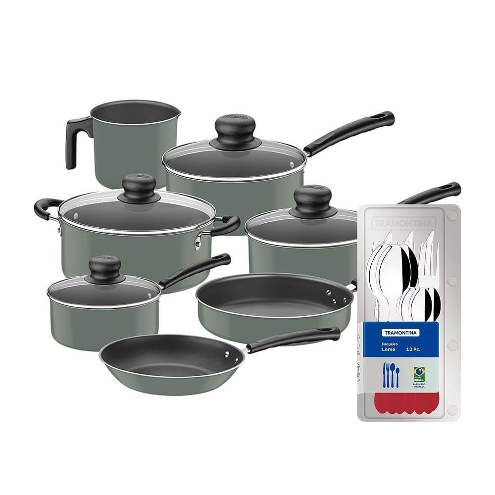Conjunto de Panelas 7 Peças Tramontina Versalhes Starflon Max Verde + Faqueiro 12 Peças Tramontina Leme Vermelho - 1