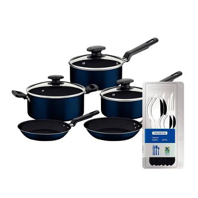 Conjunto de Panelas 5 Peças Tramontina Ravena Starflon Max Azul + Faqueiro 12 Peças Tramontina Leme Preto
