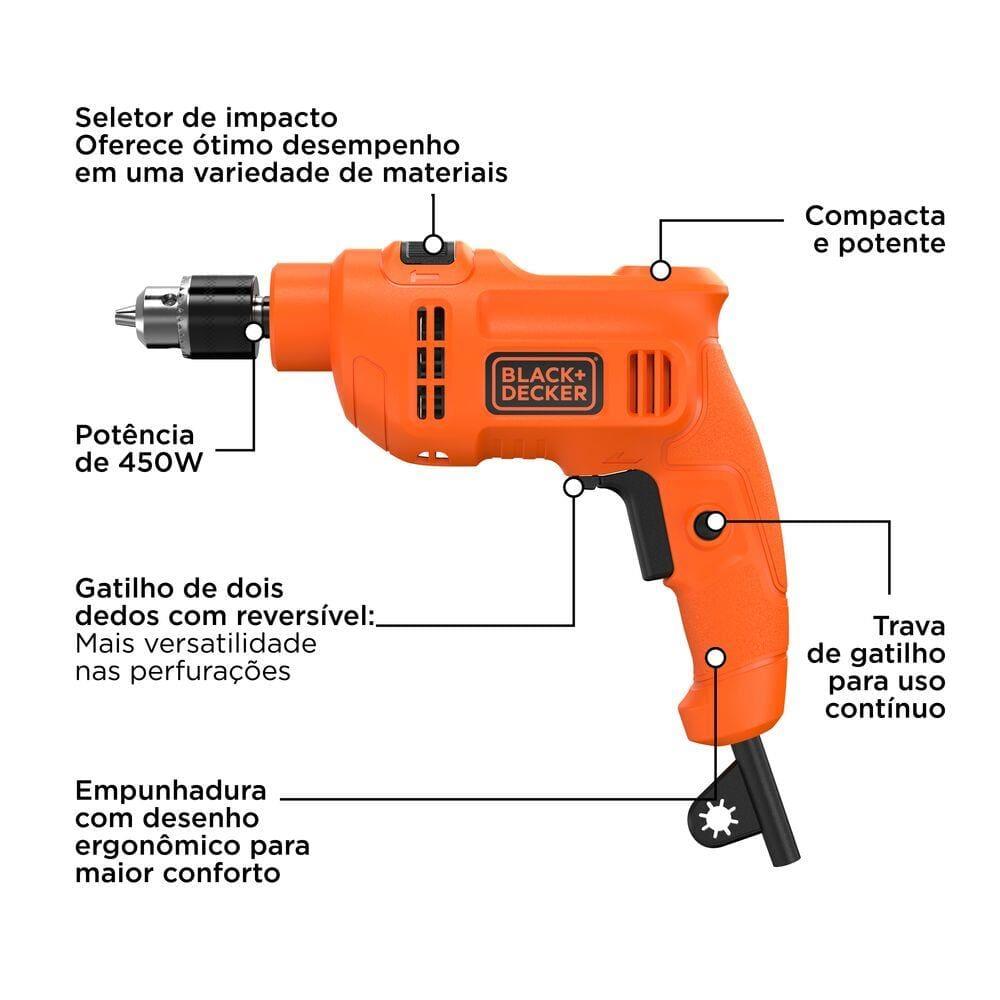 Furadeira de Impacto Black+Decker BED710450 3/8” 450W Empunhadura Ergonômica Gatilho Anatômico Laranja e Preta - 4
