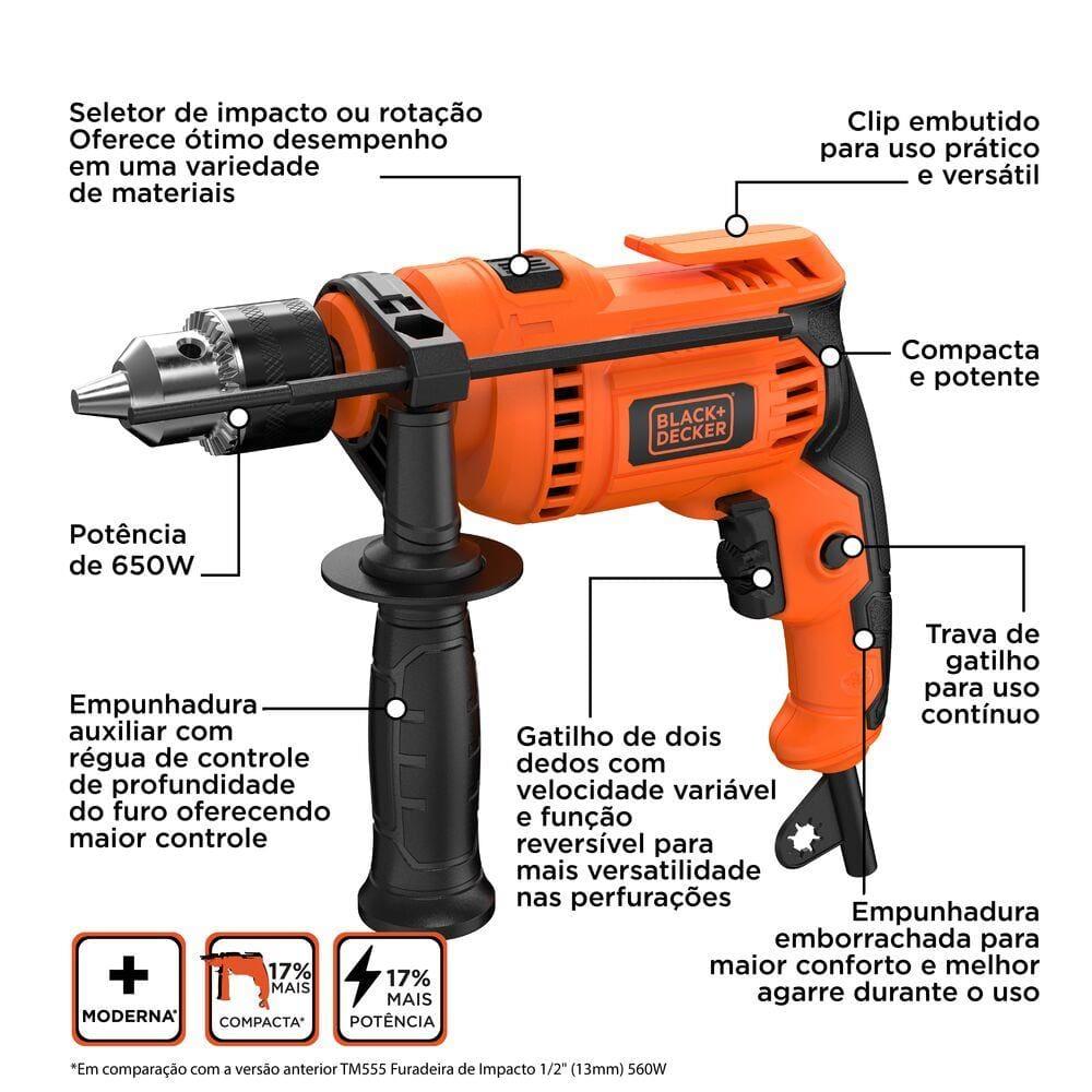 Furadeira de Impacto Black+Decker BED713650 1/2” 650W Empunhadura Ergonômica Gatilho Anatômico Laranja e Preta - 4