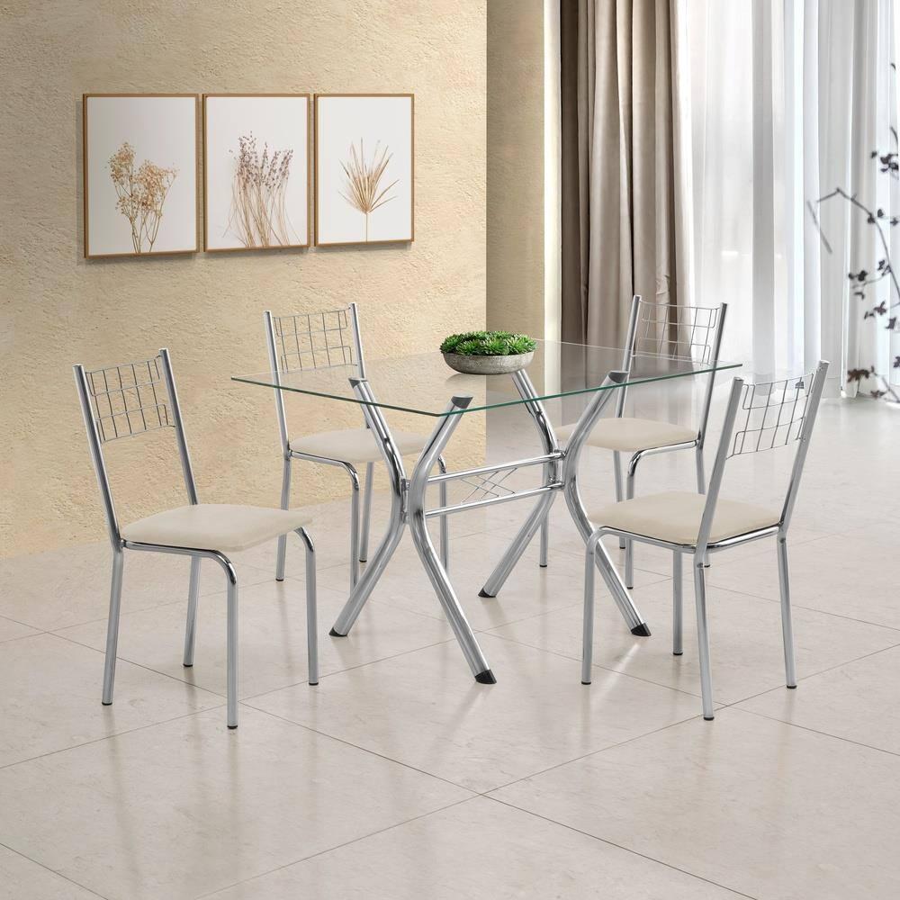 Conjunto Sala de Jantar Aço Nobre Mesa Montana Tampo de Vidro 120x80cm 4 Cadeiras Íris Aço Cromado - 1