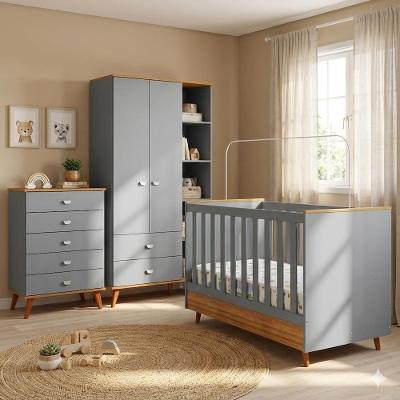 Conjunto Infantil Bartira Ternura: Guarda-Roupa, Cômoda, Berço 2 em 1 e Colchão Herval D18