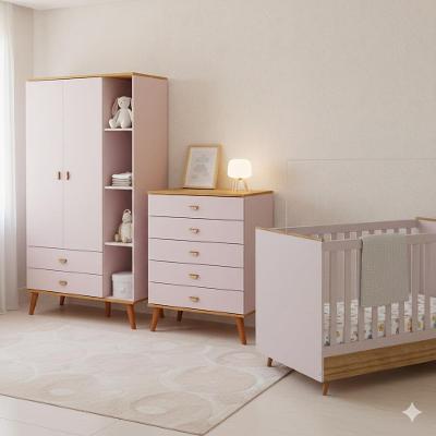 Conjunto Infantil Bartira Ternura: Guarda-Roupa, Cômoda, Berço 2 em 1 e Colchão Herval D18