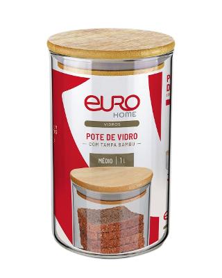 Pote de Vidro Euro Home Slim 1L com Tampa de Bambu Hermético