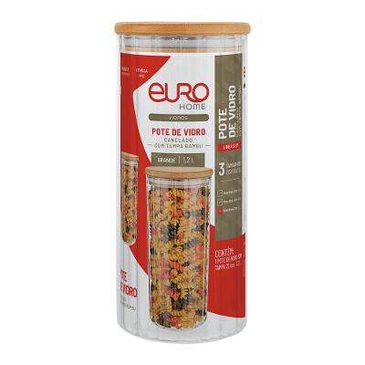 Pote Redondo Canelado Euro Home 1,2L Vidro com Tampa de Bambu Slim