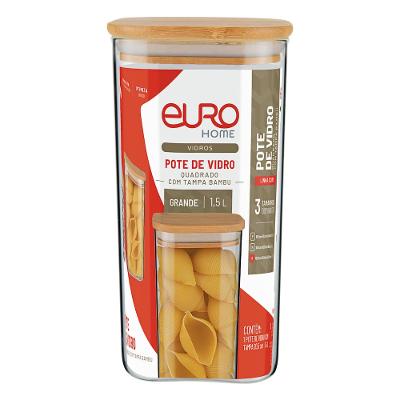 Pote Quadrado Slim Euro Home Vidro Borossilicato com Tampa de Bambu 1,5?L