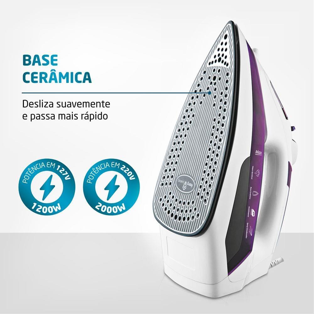 Ferro de Passar a Vapor Mondial Ceramic Express F-40 com Spray e Base Cerâmica - Branco/Roxo - 2