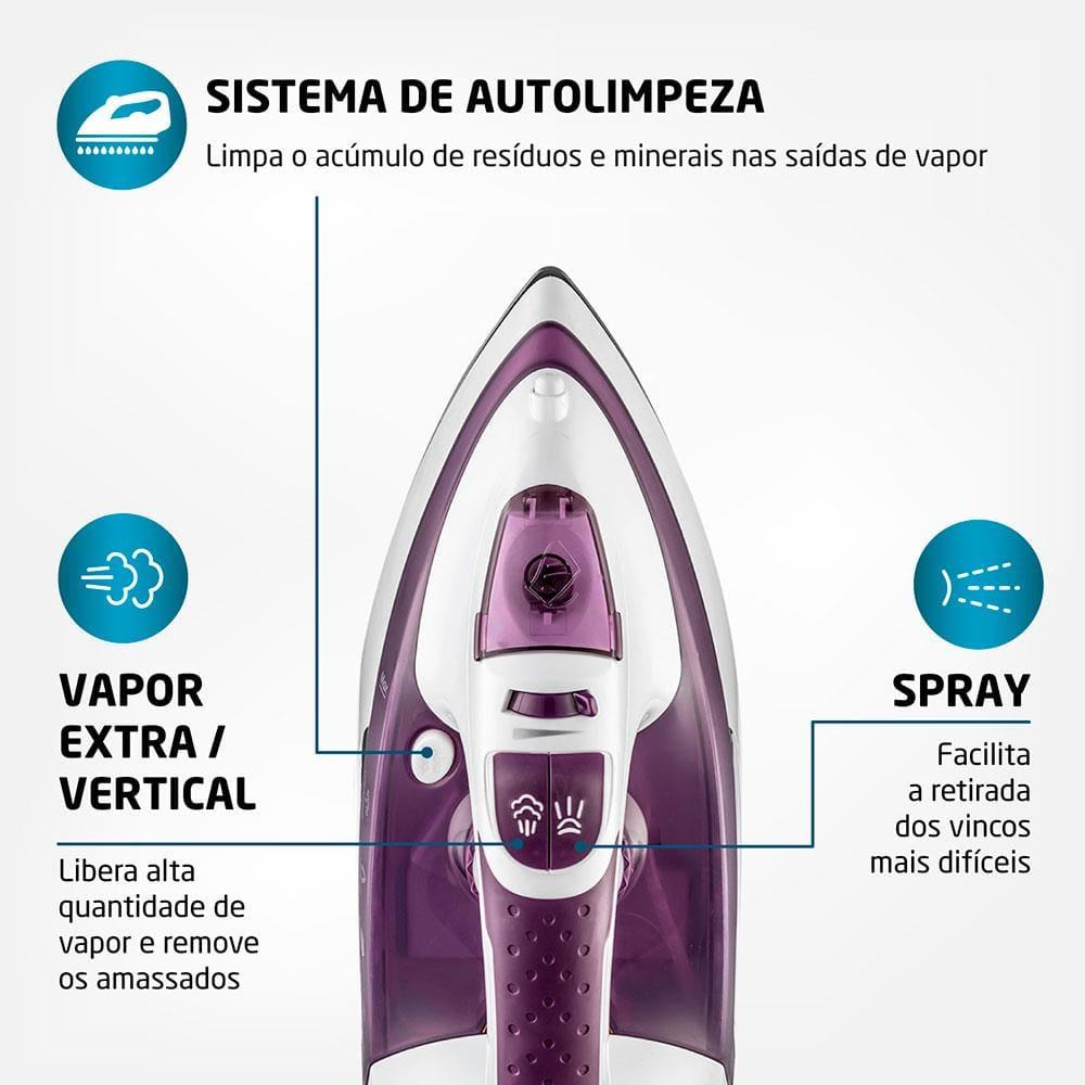 Ferro de Passar a Vapor Mondial Ceramic Express F-40 com Spray e Base Cerâmica - Branco/Roxo - 3