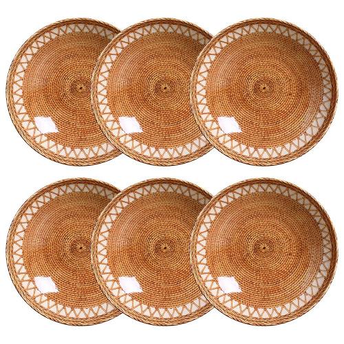 Conjunto com 6 Pratos Fundos Porto Brasil Coup Pineapple Natural em Faiança Feldspática 21 cm - Estampado