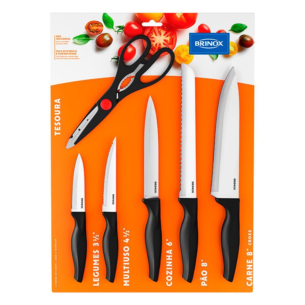 Conjunto de Facas e Tesoura Brinox em Aço Inox e Polipropileno Cross – 6 Peças - 1