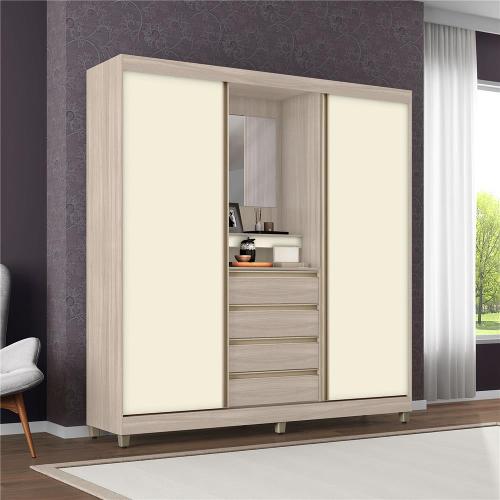 Guarda-Roupa Casal Bartira Fortaleza II 2 Portas de Correr 4 Gavetas Externas 1 Espelho Fixo MDP - 184,5cm de Largura
