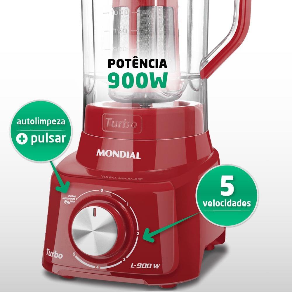 Liquidificador Mondial Turbo L900 Vermelho 900W com 5 Velocidades - 2