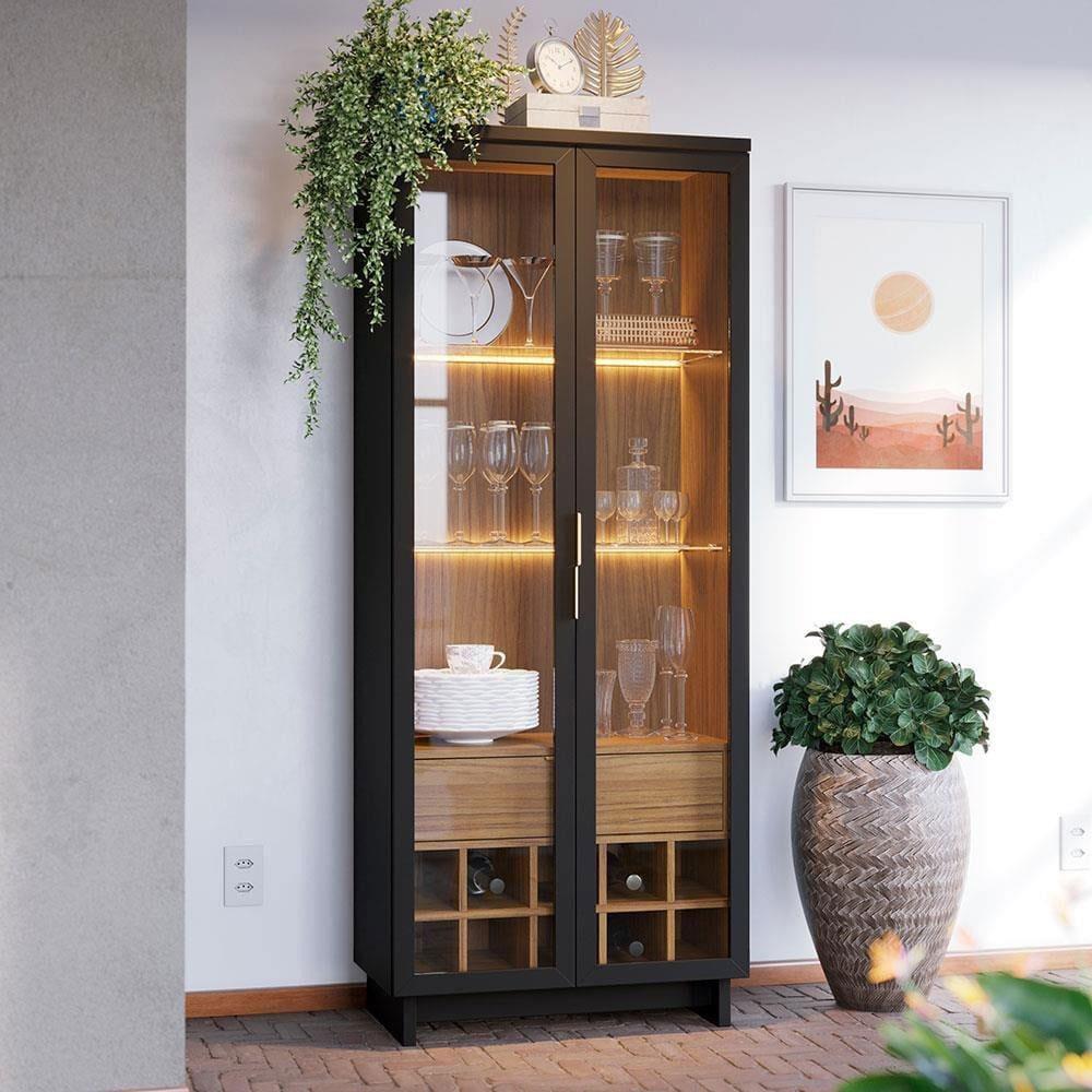 Cristaleira Colibri Guanabara MDP com 3 Prateleiras, 2 Portas de Vidro, 1 Gaveta e 1 Adega - 1