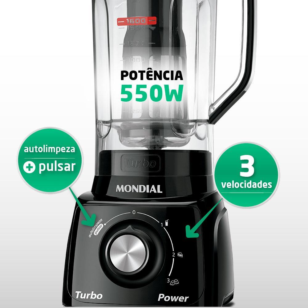 Liquidificador Mondial Turbo Power L-99 FB Copo San Cristal 3 Velocidades 550W Preto - 2