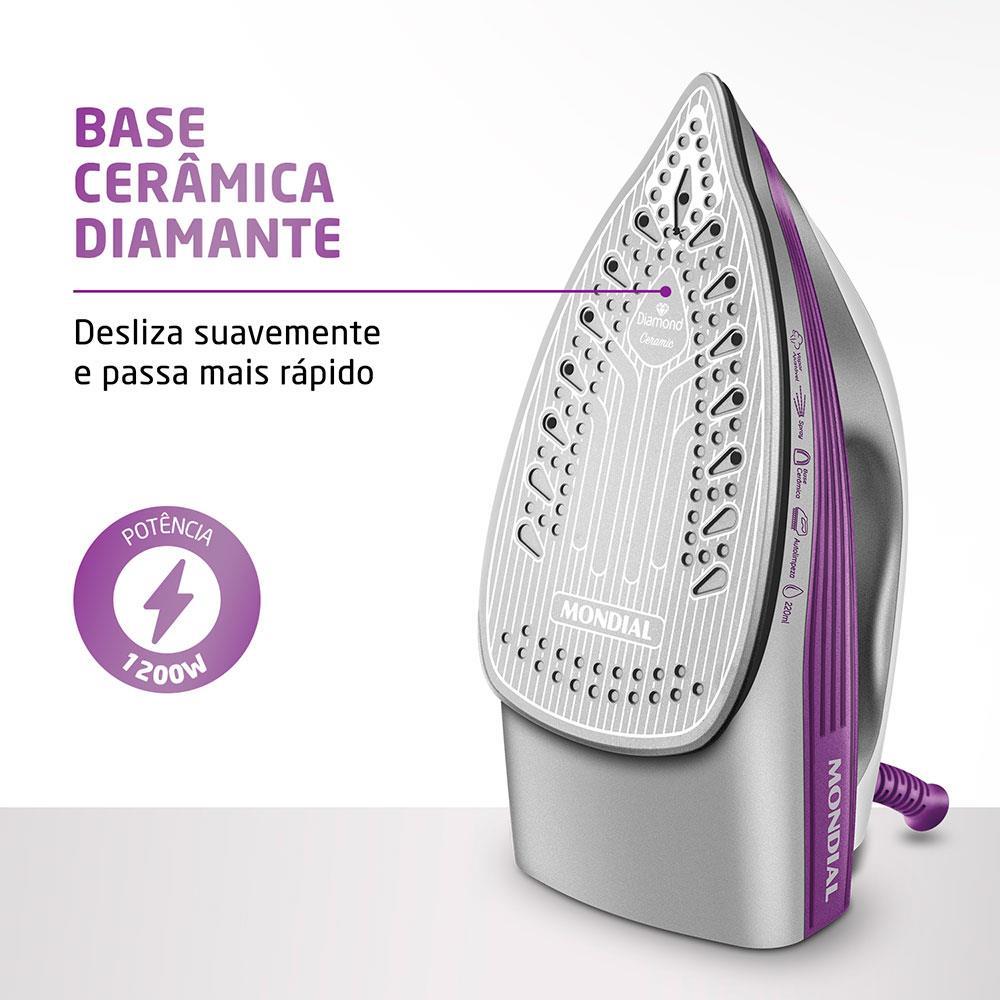 Ferro de Passar a Vapor Mondial FVN-01-P Spray e Base Cerâmica Diamante Branco/Roxo - 2