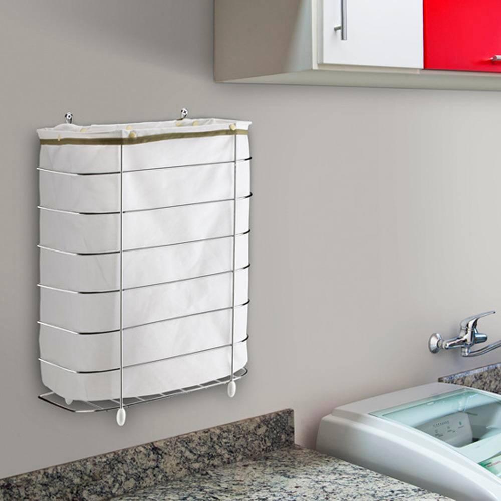 Cesto de Roupa para Parede e Chão Utimil CR483 em Arame Cromado e Tecido Bege - 2