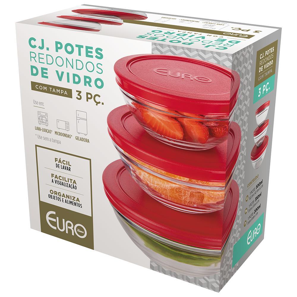 Conjunto de Potes Redondos 3 Peças Euro Home em Vidro com Tampa em Polietileno – Transparente/Vermelho - 4