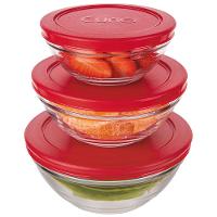 Conjunto de Potes Redondos 3 Peças Euro Home em Vidro com Tampa em Polietileno – Transparente/Vermelho - 1