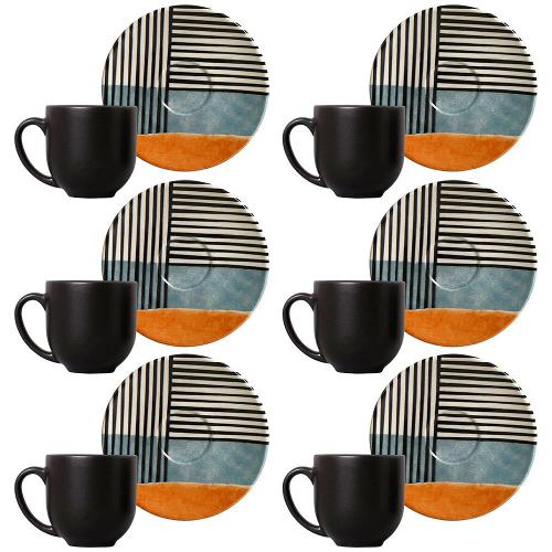 Conjunto com 6 Xícaras e Pires para Café Porto Brasil Coup Abstrata em Cerâmica Feldspática Off-White - 112ml