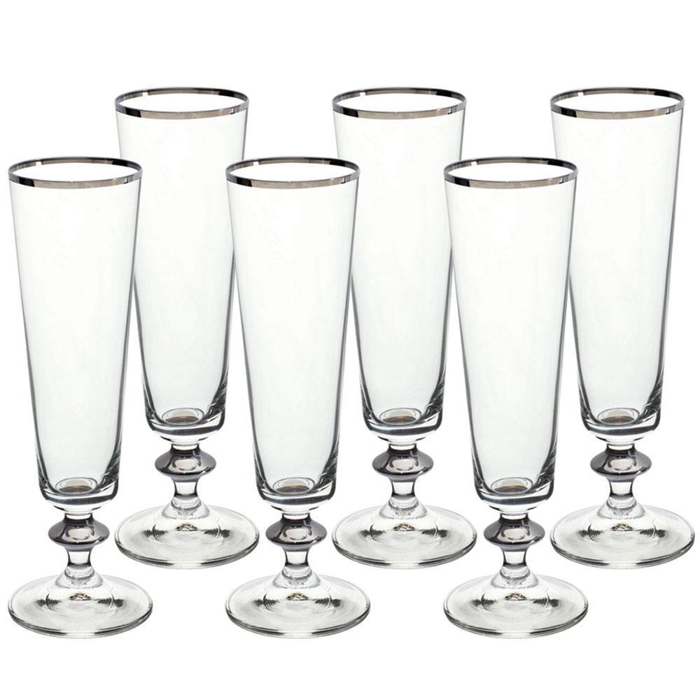 Conjunto de Taças para Champanhe Bohemia Bella Decorada 205 ml em Cristal Ecológico Platinum Rim – 6 Peças - 1