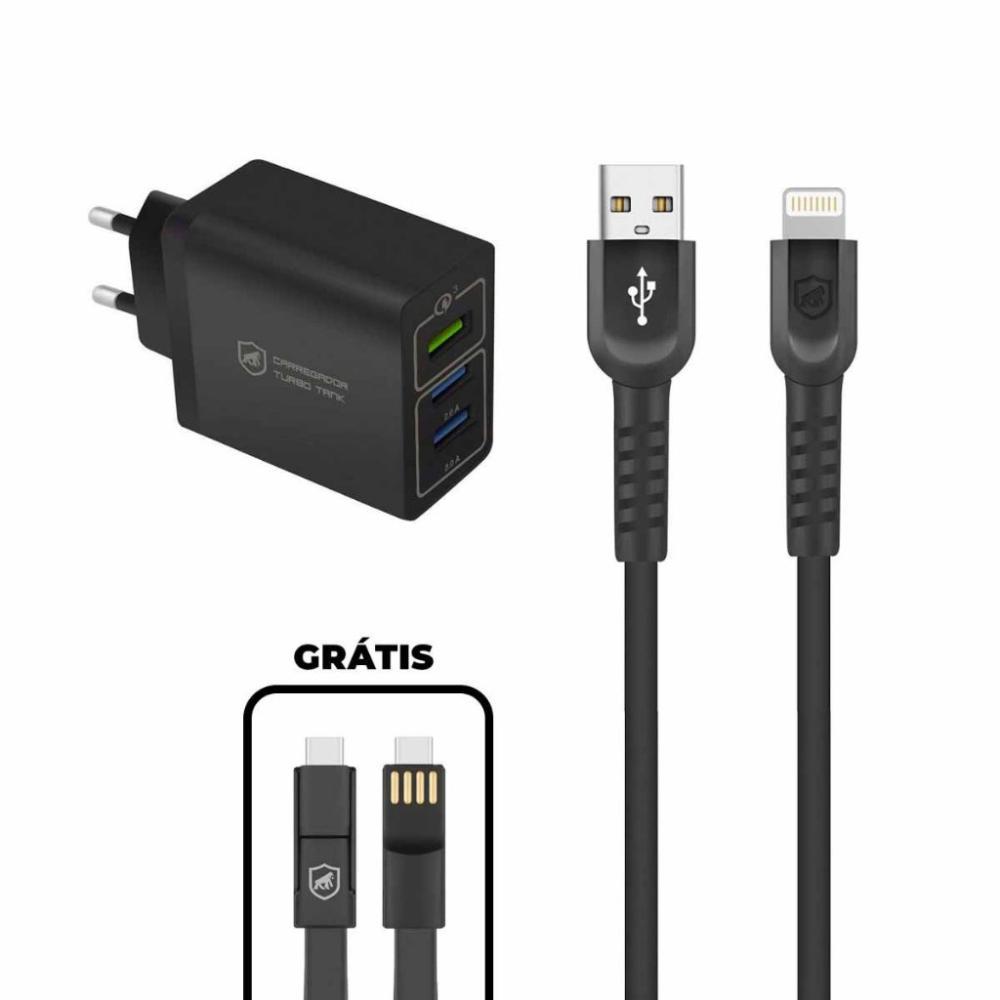 Kit Carregador Triplo Turbo + Cabo Dual Shock Lightning + Cabo 3 em 1 - Gshield - 1