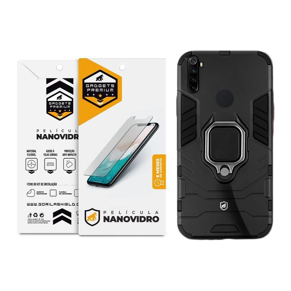 Kit Capa case capinha Defender Black e Pelicula Nano Vidro para Xiaomi Redmi Note 8 - Gshield - 1