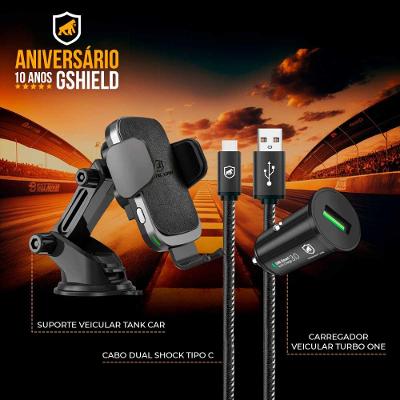 Kit Suporte Veicular Tank Car Automatic + Cabo Turbo Militar - 1,5M - Tipo C / USB-A + Carregador Veicular Turbo One - Gshield