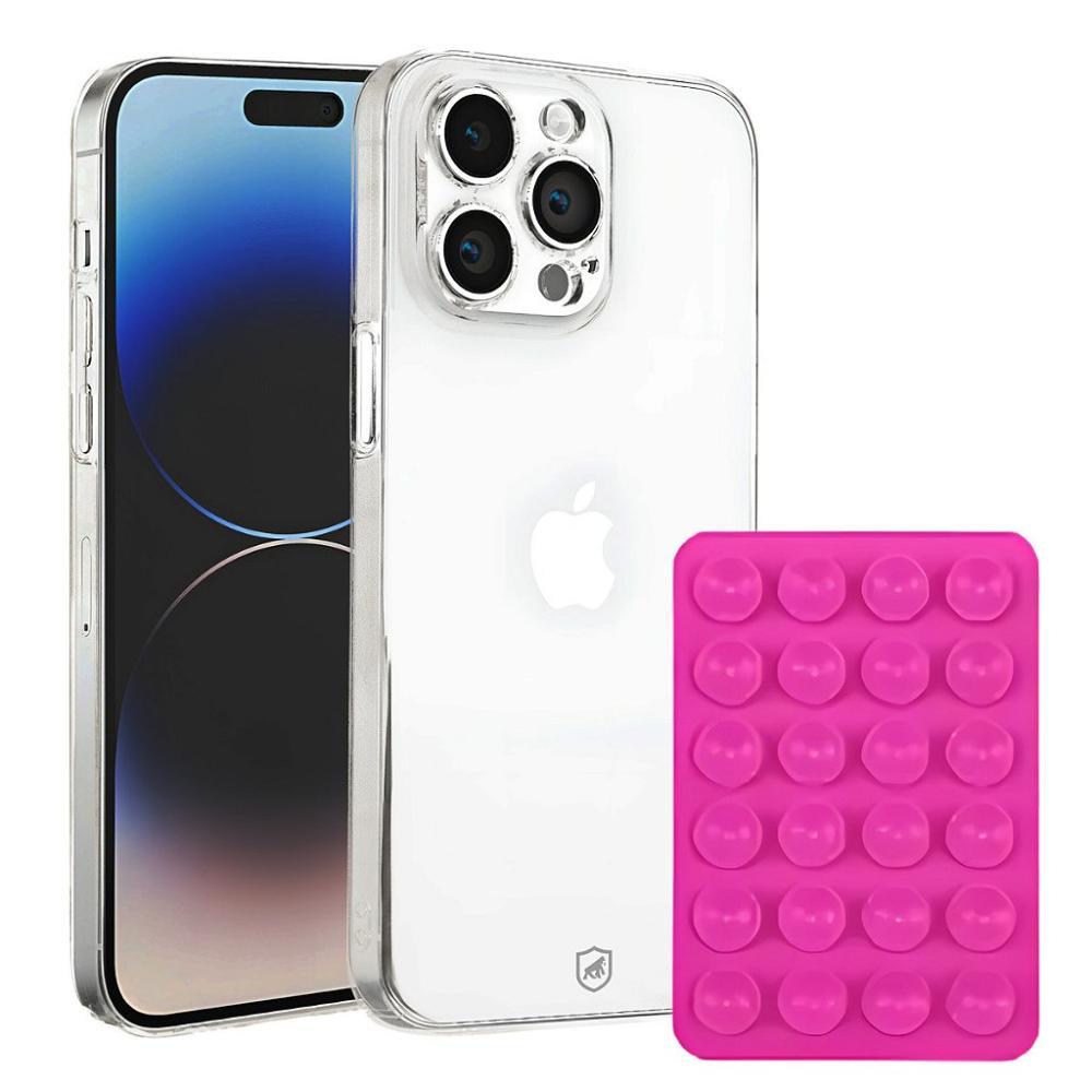 Kit Capa case capinha Crystal Slim para iPhone 14 Pro Max +  Ventosa - Rosa - Gshield - 1
