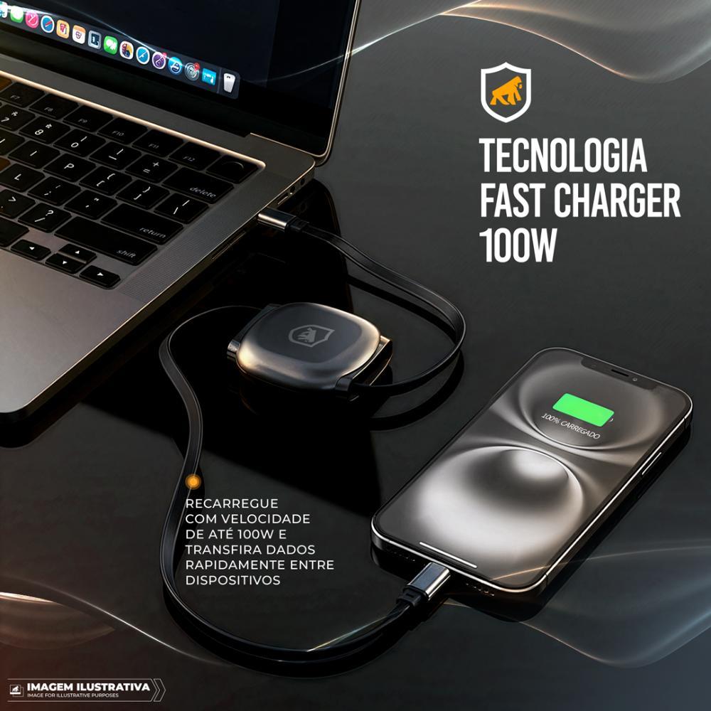Cabo Retrátil Tipo C / Tipo C 100W 1m - Victus - Preto - Gshield - 2