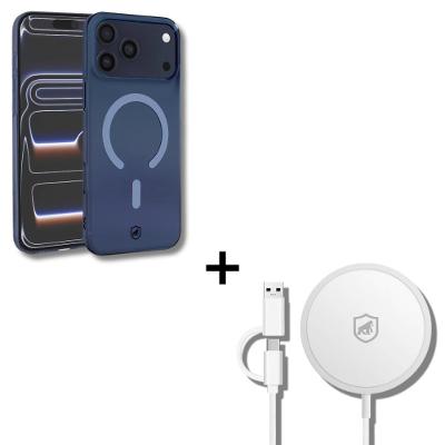 Kit Capa case capinha Crystal Slim Azul para iPhone 17 Pro Max + Carregador Wireless MagSafe - Gshield