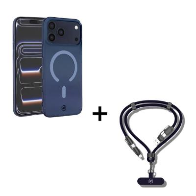 Kit Capa case capinha Crystal Slim Azul iPhone 17 Pro Max + Cordão de Pescoço com Cabo USB-A / Tipo C / Lightning - Gshield