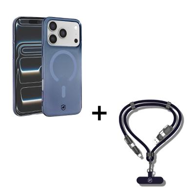 Kit Capa case capinha Crystal Slim Azul para iPhone 17 Pro + Cordão de Pescoço com Cabo USB-A / Tipo C / Lightning - Gshield