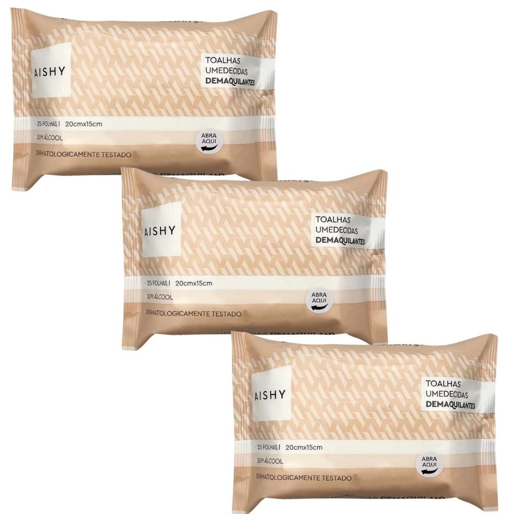 Toalha Lenço Umedecido Demaquilante Aishy Kit c/ 75 Un 3 Pct. - 1