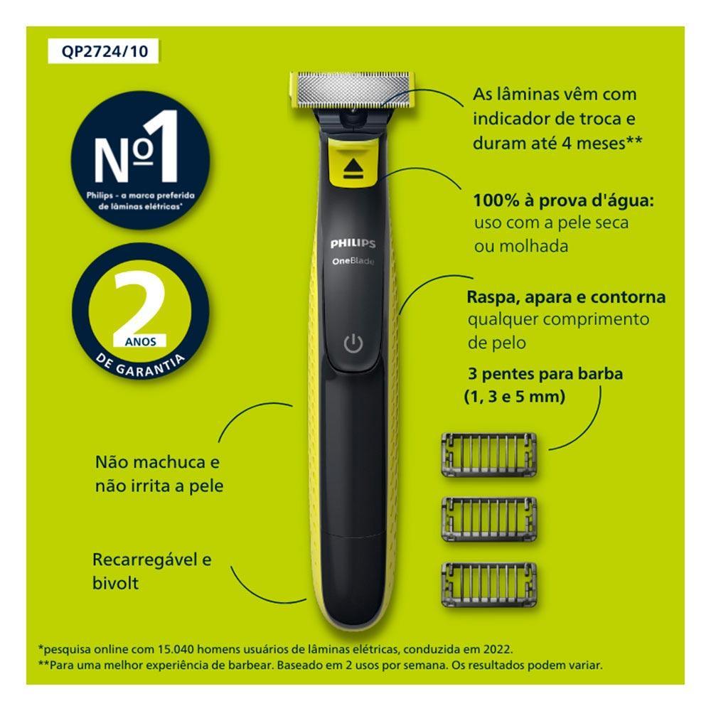 Aparador e raspador OneBlade com 3 pentes, à prova dágua - QP2724/10 Philips - 2