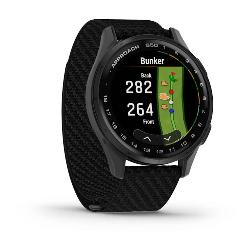 Relógio Garmin Monitor Cardíaco de Pulso com GPS Approach® S50 (2025) Ardósia com pulseira de ComfortFit Nylon preta  43mm - 9