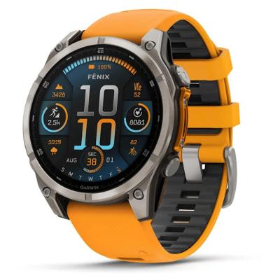 Smartwatch Relógio Garmin Fenix 8 Safira Titânio Pulseira de Silicone Laranja com Grafite 47mm