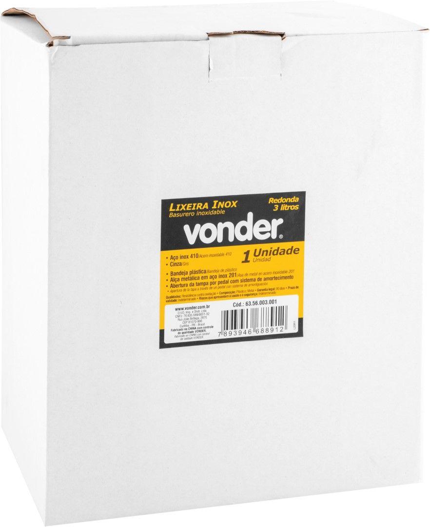 Lixeira Redonda 3 Litros Inox Cinza Vonder - 1