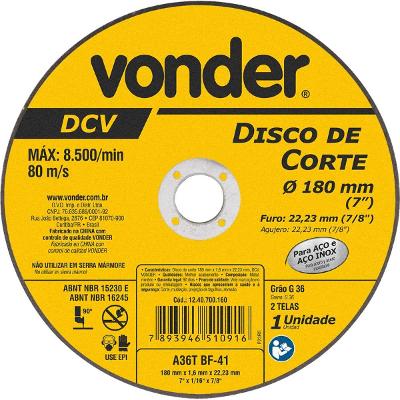 Disco de corte 180,0x1,6x22,23 p/ aço carbono e inox Vonder