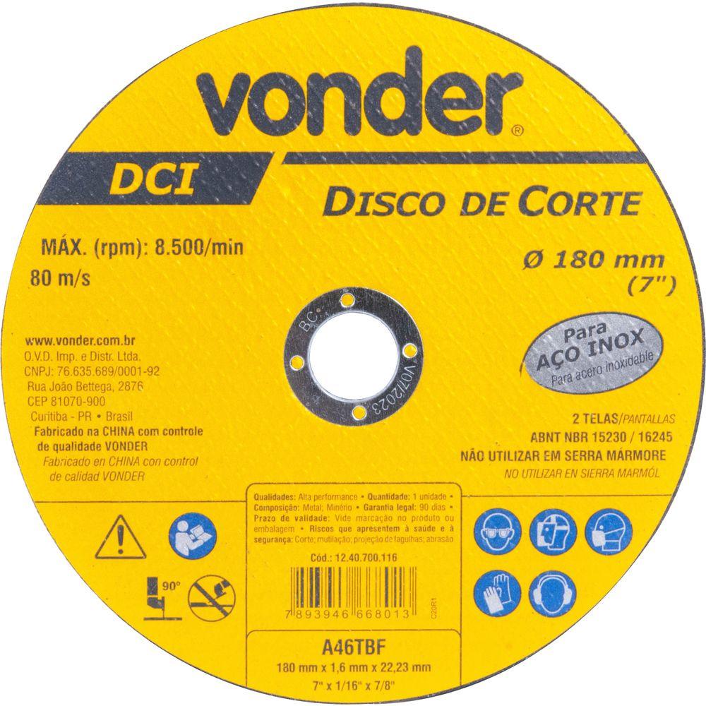 Disco de Corte 180 mm x 1,6 mm x 22,23 mm Dci Inox Vonder - 1