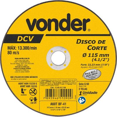 Disco de corte 115,0x1,6x22,23 p/ aço carbono e inox Vonder
